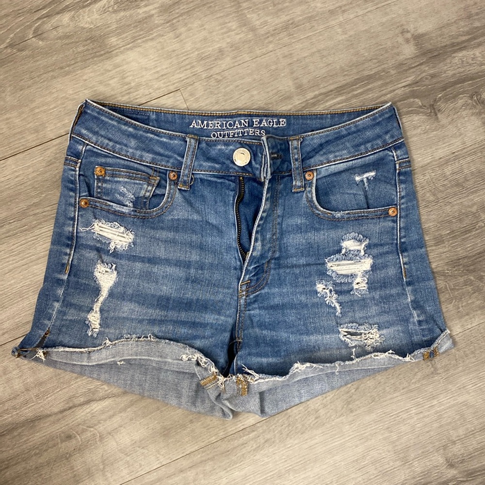 American Eagle Hi Rise Shortie Super Stretch Distressed Denim Shorts Size 4